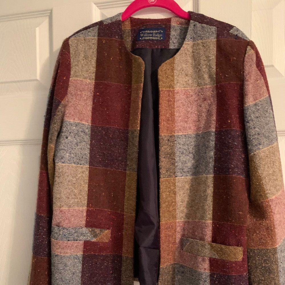 Plaid Burgandy and Navy Open Jacket